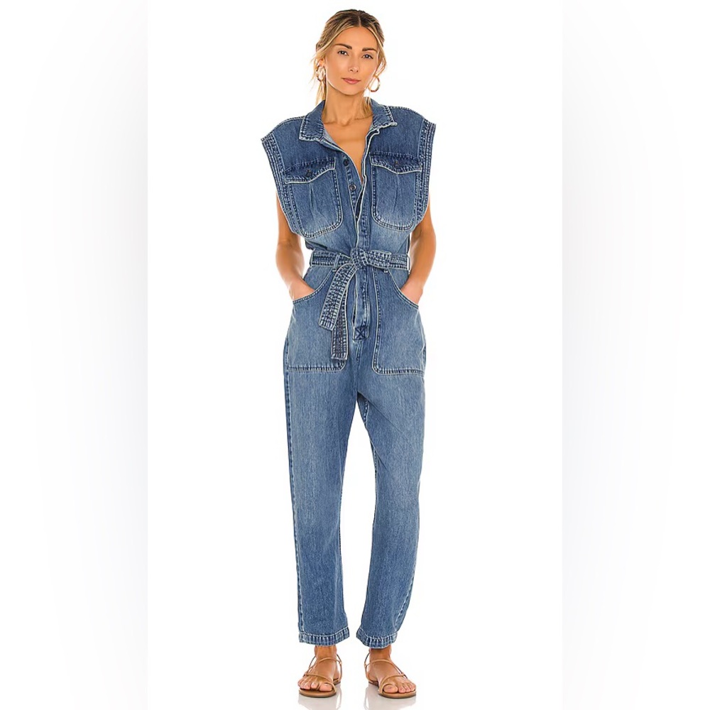 FREE PEOPLE Sydney Breezy Blue Denim Sleeveless Jumpsuit Size XL